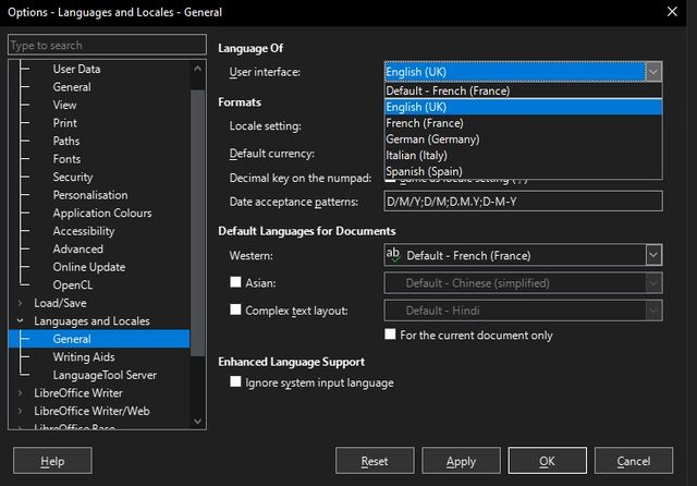 LibreOffice cambiare la lingua utente